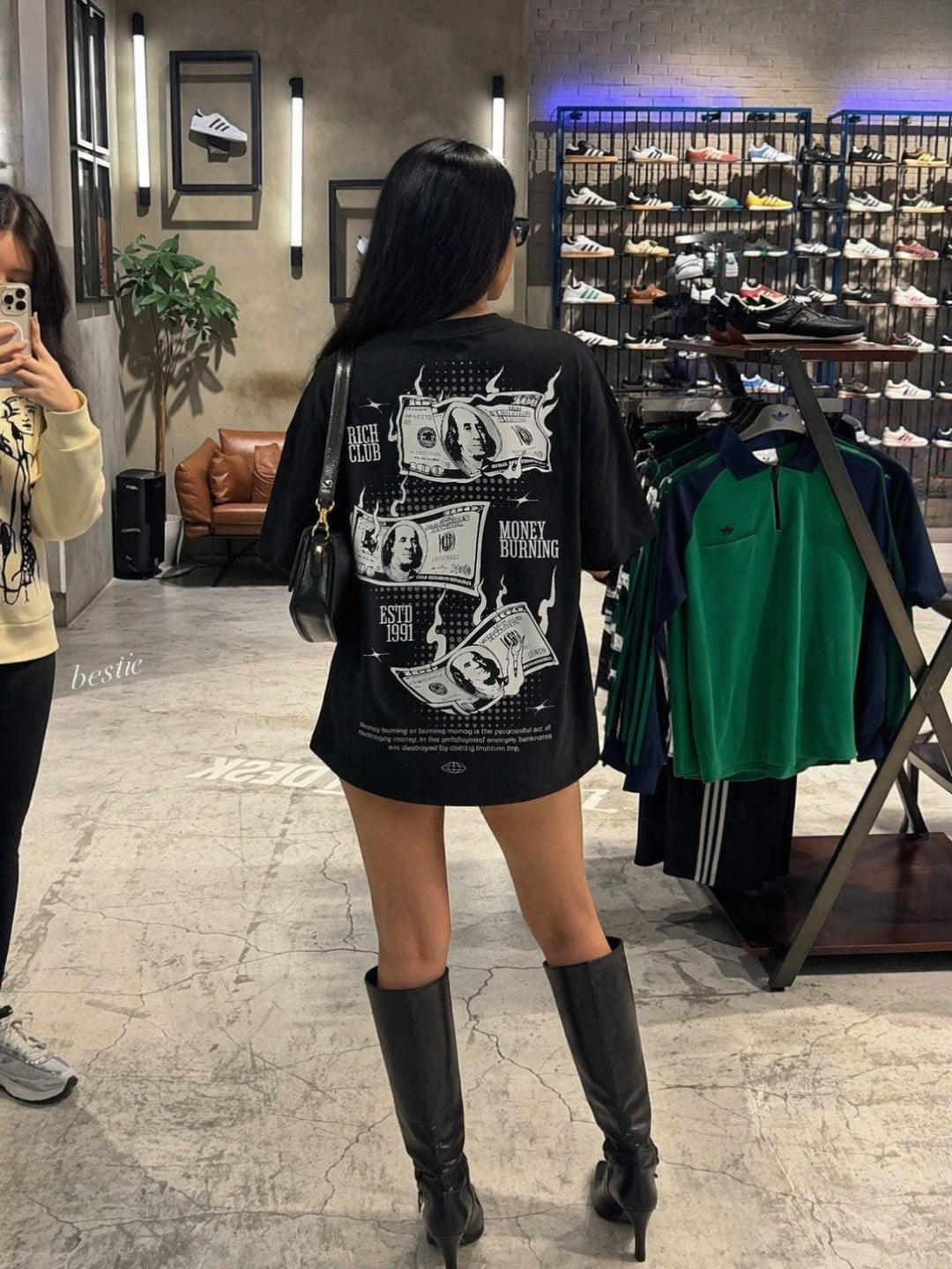 Rich Club T-Shirt – Black Oversized Money Burning Graphic Tee Women