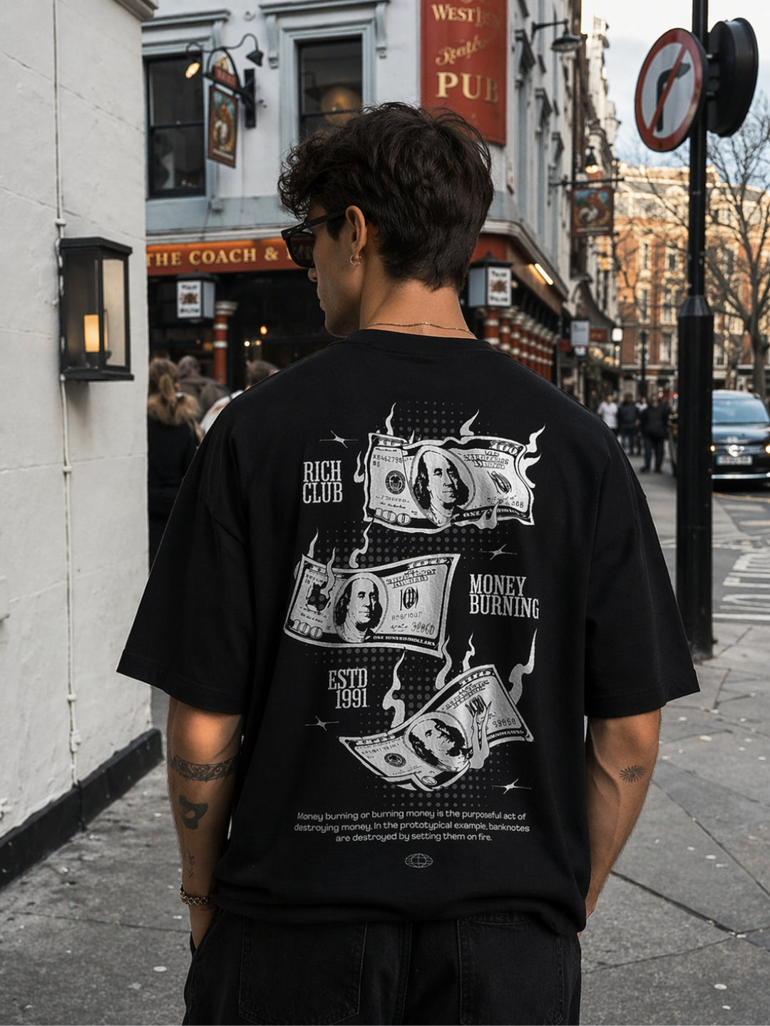Rich Club T-Shirt – Black Oversized Money Burning Graphic Tee Women